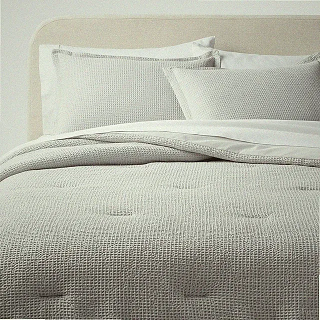 Full/Queen Trad Washed Waffle Weave Comforter and Sham Set Comfort Light Gray