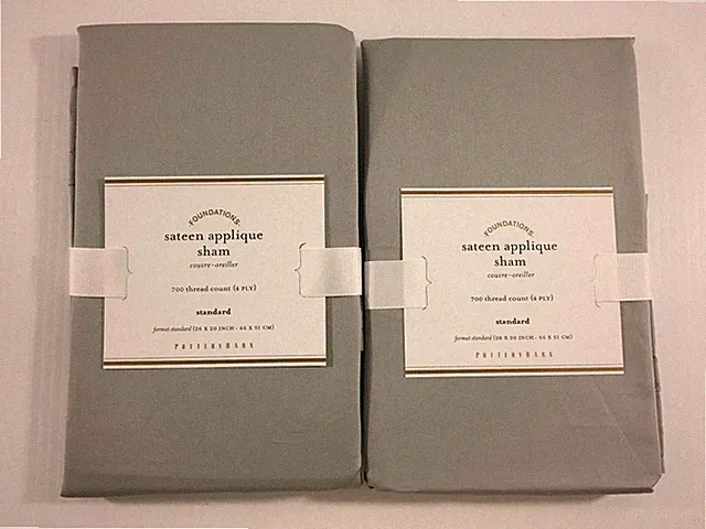 POTTERY BARN 700 THREAD-COUNT SATEEN APPLIQUE 2 STANDARD SHAMS SMOKE GRAY